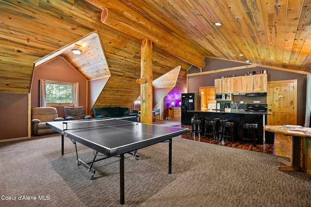 1050 Greenview Ln, Moscow, ID 83843 - game room featuring lofted ceiling, wooden ceiling, and carpet flooring