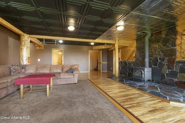 1050 Greenview Ln, Moscow, ID 83843 - living area with an ornate ceiling and a wood stove