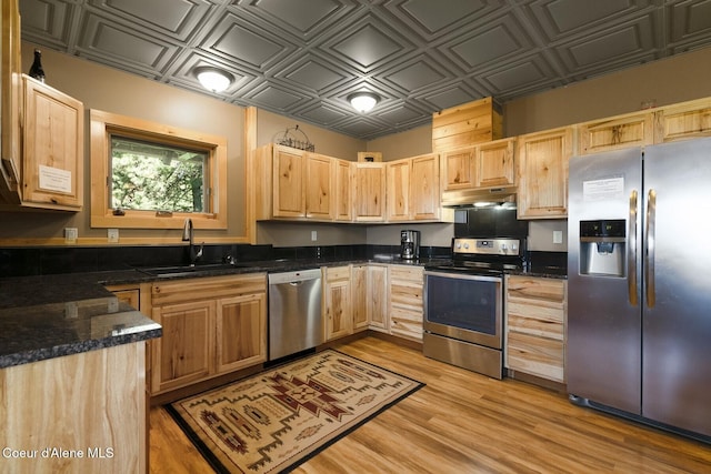 1050 Greenview Ln, Moscow, ID 83843 - kitchen featuring stainless steel appliances, under cabinet range hood, light brown cabinets, an ornate ceiling, and a sink