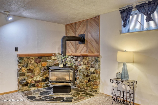 4413 W Pleasant Ln, Post Falls, ID 83854 - detailed view of a wood stove, carpet, a textured ceiling, and baseboards