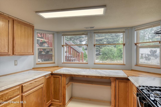 3168 N 9th St, Coeur Dalene, ID 83815 - kitchen featuring plenty of natural light, gas range oven, brown cabinetry, and light stone counters