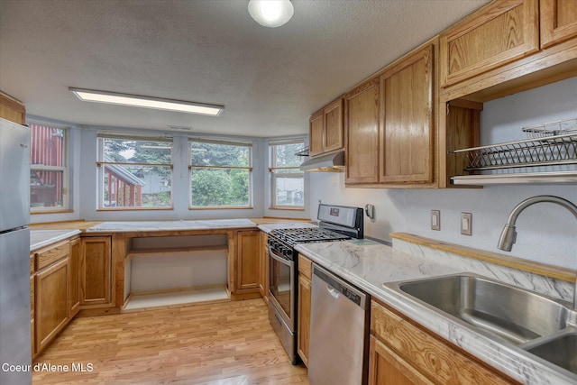 3168 N 9th St, Coeur Dalene, ID 83815 - kitchen with appliances with stainless steel finishes, a sink, light wood-style floors, light countertops, and a textured ceiling