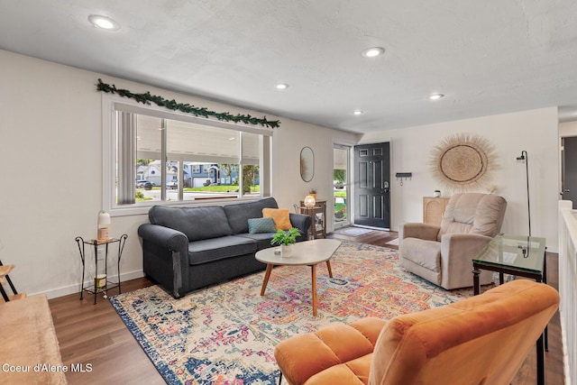 living area featuring wood finished floors, recessed lighting, baseboards, and a textured ceiling