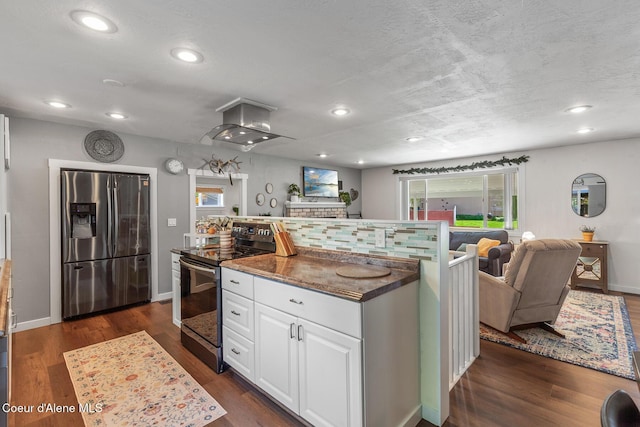 kitchen featuring stainless steel fridge with ice dispenser, electric range, white cabinets, recessed lighting, and dark wood-type flooring