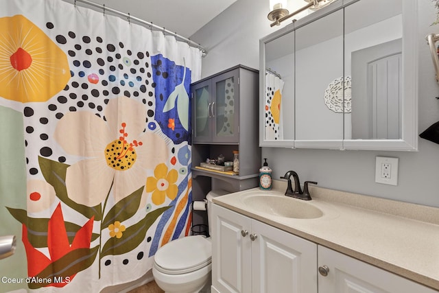 bathroom featuring vanity, toilet, and curtained shower