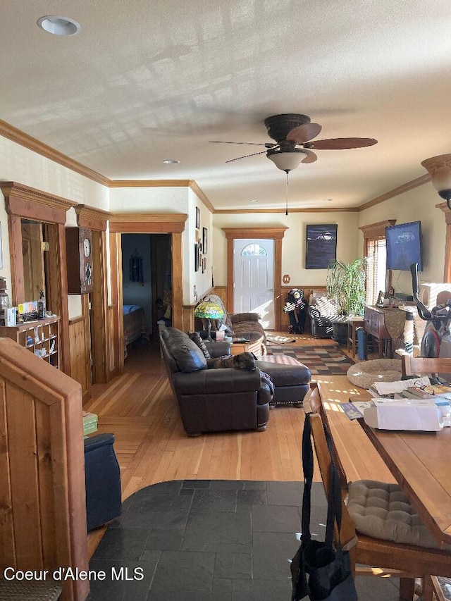 living room featuring a ceiling fan, ornamental molding, and wood finished floors