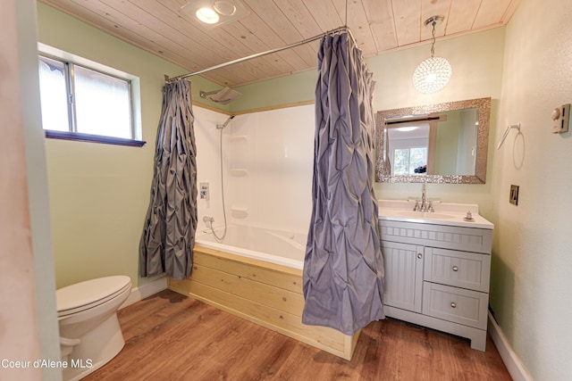 full bathroom featuring wooden ceiling, wood finished floors, toilet, shower / bath combination with curtain, and vanity
