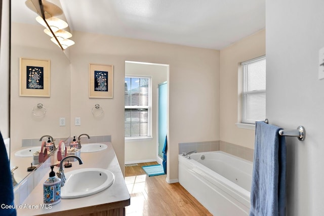 full bathroom with wood finished floors, a garden tub, a stall shower, baseboards, and double vanity