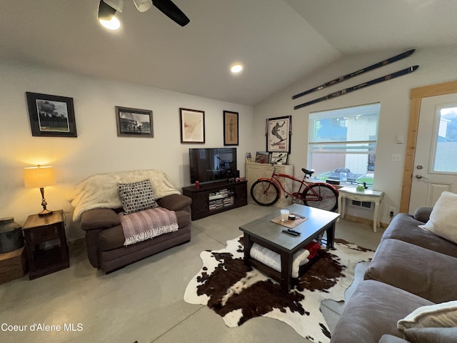 1203 Chestnut St, Sandpoint, ID 83864 - living area with vaulted ceiling, a ceiling fan, healthy amount of natural light, light colored carpet, and recessed lighting