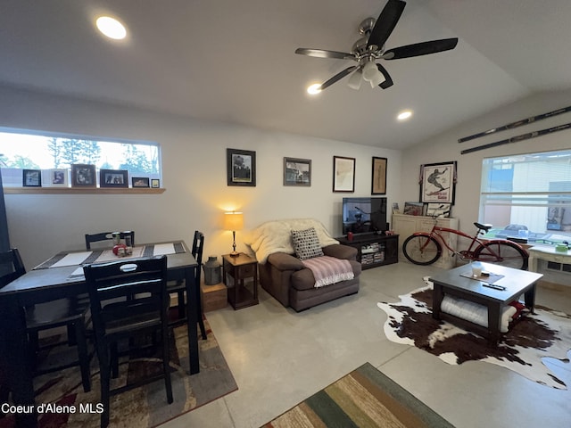 1203 Chestnut St, Sandpoint, ID 83864 - living room featuring lofted ceiling, a ceiling fan, and recessed lighting