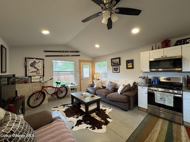 1203 Chestnut St, Sandpoint, ID 83864 - living area featuring vaulted ceiling, a ceiling fan, and recessed lighting