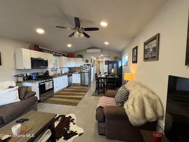 1203 Chestnut St, Sandpoint, ID 83864 - living room with vaulted ceiling, a ceiling fan, and recessed lighting
