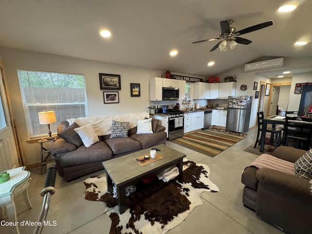 1203 Chestnut St, Sandpoint, ID 83864 - living room with a wall mounted air conditioner, a ceiling fan, lofted ceiling, and recessed lighting