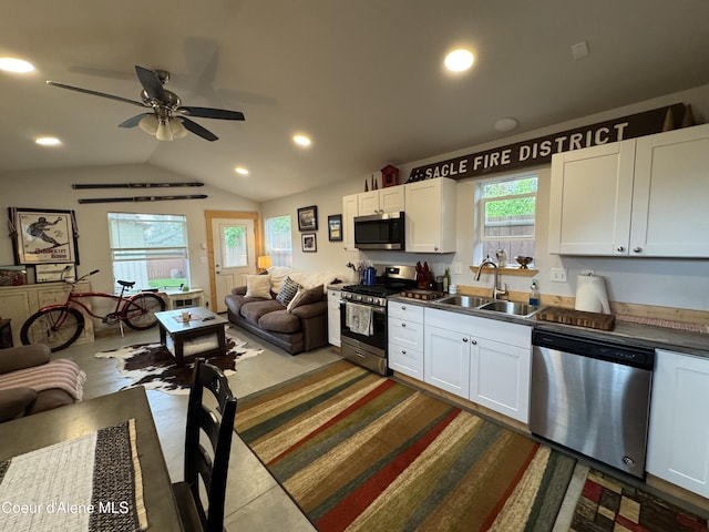1203 Chestnut St, Sandpoint, ID 83864 - kitchen featuring appliances with stainless steel finishes, open floor plan, a sink, vaulted ceiling, and a ceiling fan