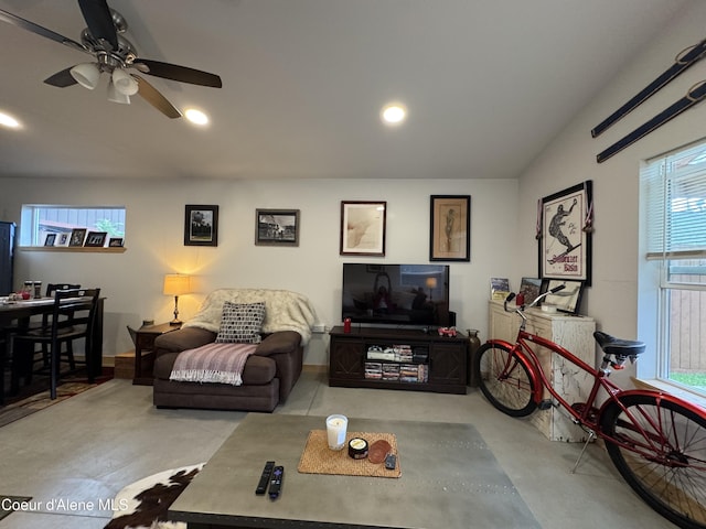 1203 Chestnut St, Sandpoint, ID 83864 - living room featuring ceiling fan, recessed lighting, and concrete floors