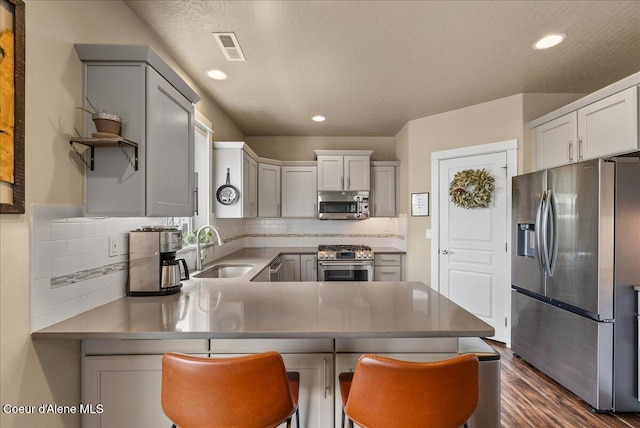 3402 N Croghan Dr, Post Falls, ID 83854 - kitchen with stainless steel appliances, a sink, dark wood-style floors, a peninsula, and tasteful backsplash