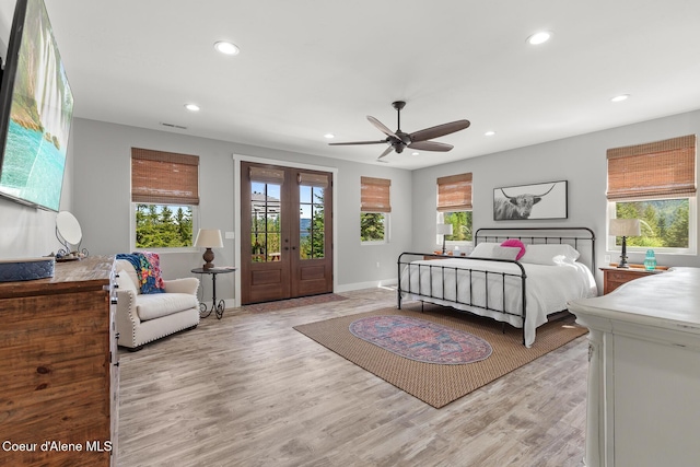 bedroom featuring recessed lighting, light wood-style floors, access to outside, baseboards, and ceiling fan