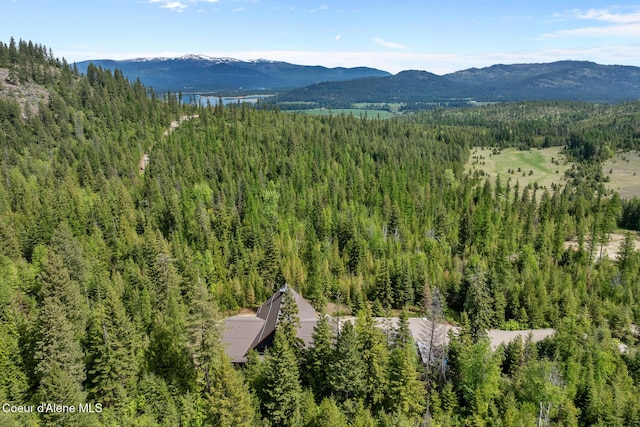 view from above of property with a forest and a mountainous background
