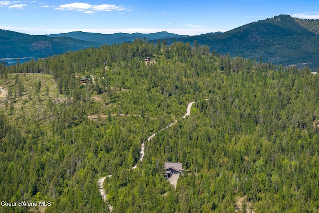 aerial view of a heavily wooded area and a mountainous background