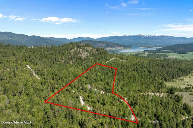 aerial view of property's location with a forest, property boundaries highlighted, and a water and mountain view