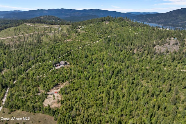 view of property location with a forest and a water and mountain view