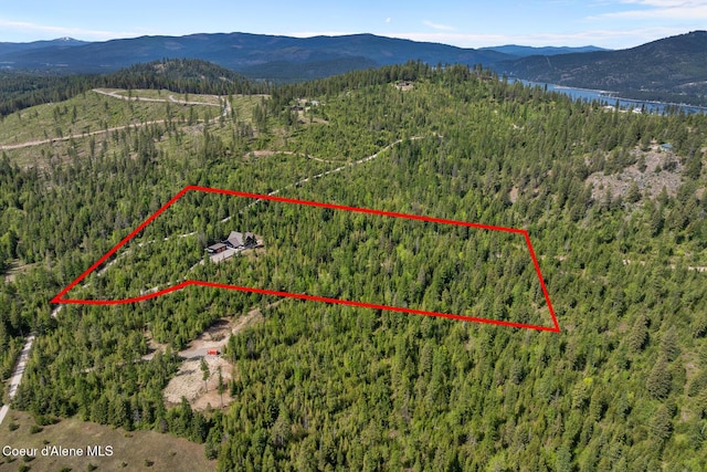 view of property location featuring a heavily wooded area, a mountain backdrop, and property boundaries highlighted