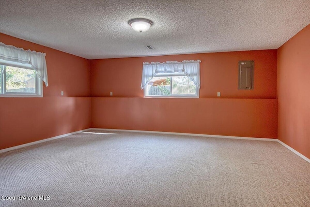 unfurnished room featuring healthy amount of natural light, carpet floors, a textured ceiling, and electric panel