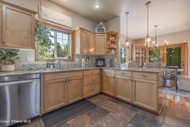 kitchen with dishwasher, a peninsula, light brown cabinetry, open shelves, and a sink