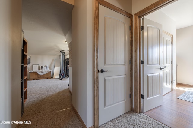 hallway featuring carpet flooring and wood finished floors