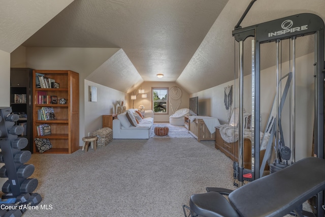 carpeted bedroom with a textured ceiling and vaulted ceiling