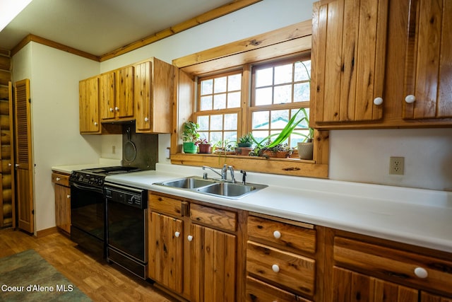 kitchen featuring black appliances, a sink, light wood-style flooring, and light countertops