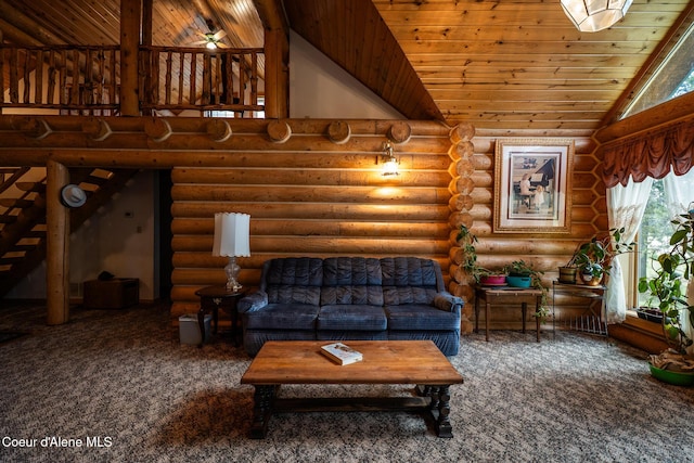 carpeted living area featuring lofted ceiling, wood ceiling, log walls, and ceiling fan