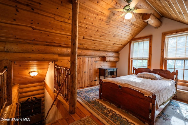 bedroom featuring hardwood / wood-style floors, wooden ceiling, log walls, and vaulted ceiling