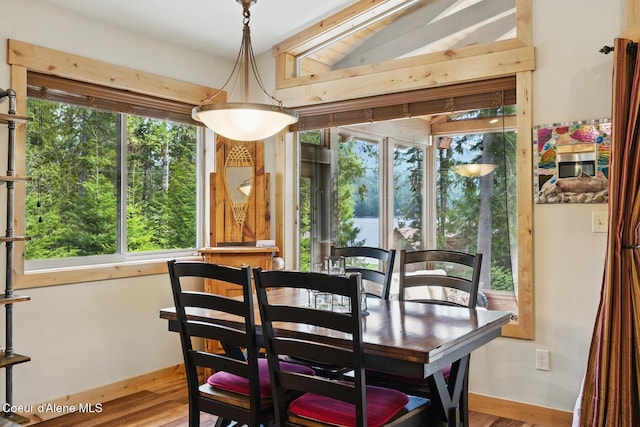304 Hagman Rd, Nordman, ID 83848 - dining area with plenty of natural light, vaulted ceiling, wood finished floors, and baseboards