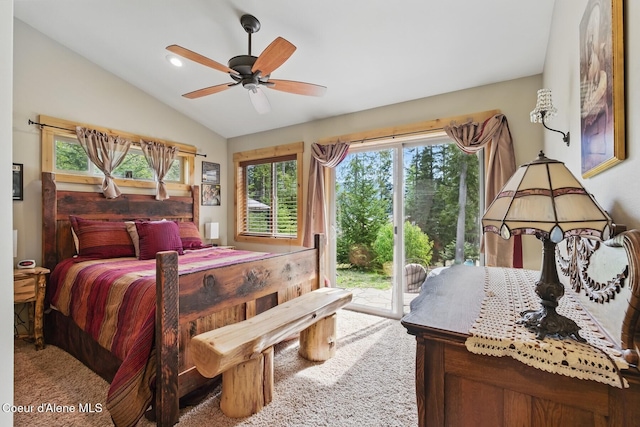 304 Hagman Rd, Nordman, ID 83848 - carpeted bedroom with access to exterior, lofted ceiling, a ceiling fan, and recessed lighting