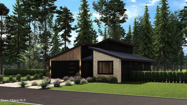 view of side of home featuring stone siding, a yard, and an attached garage