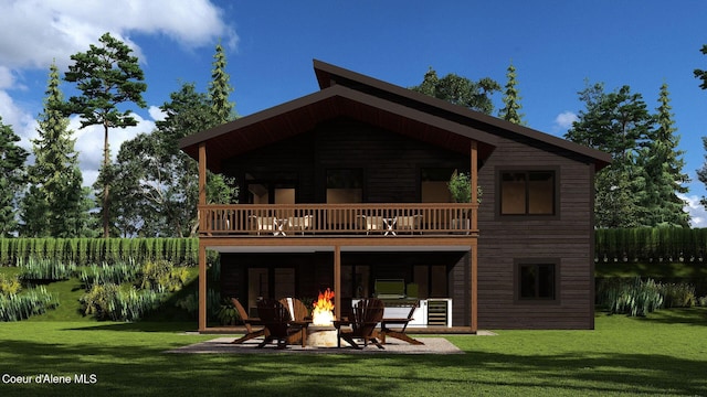 rear view of house featuring a balcony, a fire pit, a yard, and a patio area