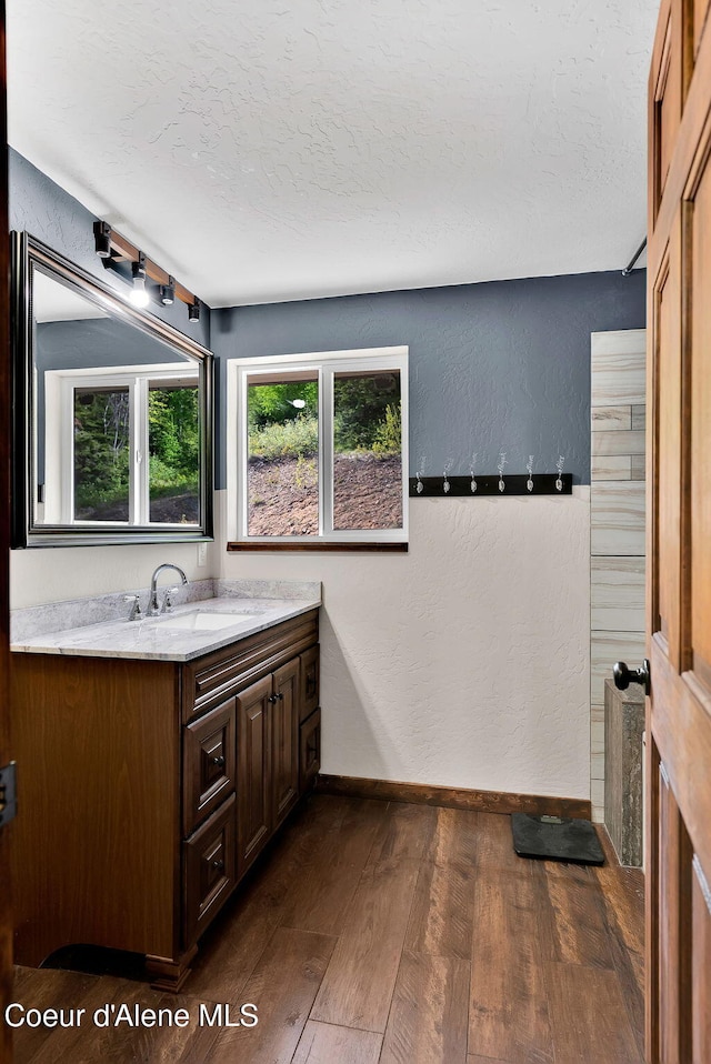 12251 W Blessing Hill Rd, Post Falls, ID 83854 - bathroom featuring hardwood / wood-style floors, a textured ceiling, baseboards, vanity, and a textured wall