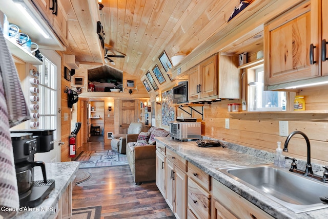 12251 W Blessing Hill Rd, Post Falls, ID 83854 - kitchen with a sink, wood ceiling, wooden walls, healthy amount of natural light, and dark wood finished floors