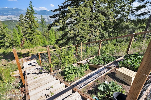 12251 W Blessing Hill Rd, Post Falls, ID 83854 - exterior space featuring a mountain view, a vegetable garden, and a view of trees