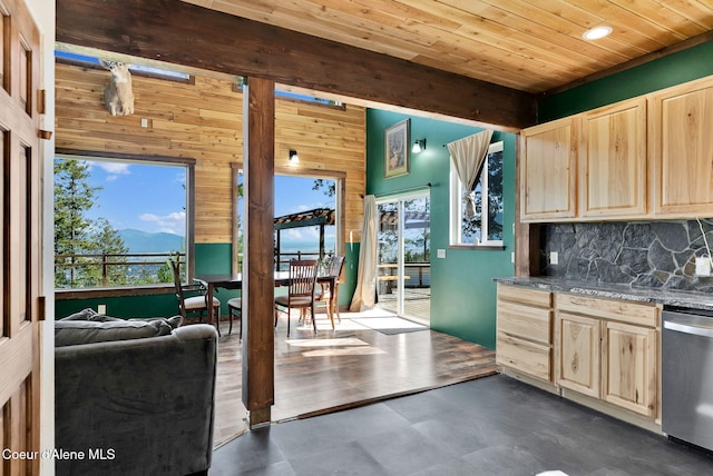 12251 W Blessing Hill Rd, Post Falls, ID 83854 - kitchen featuring light brown cabinets, dishwasher, wood walls, decorative backsplash, and wooden ceiling