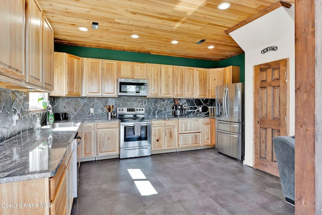 12251 W Blessing Hill Rd, Post Falls, ID 83854 - kitchen featuring appliances with stainless steel finishes, a sink, light brown cabinets, wood ceiling, and stone counters