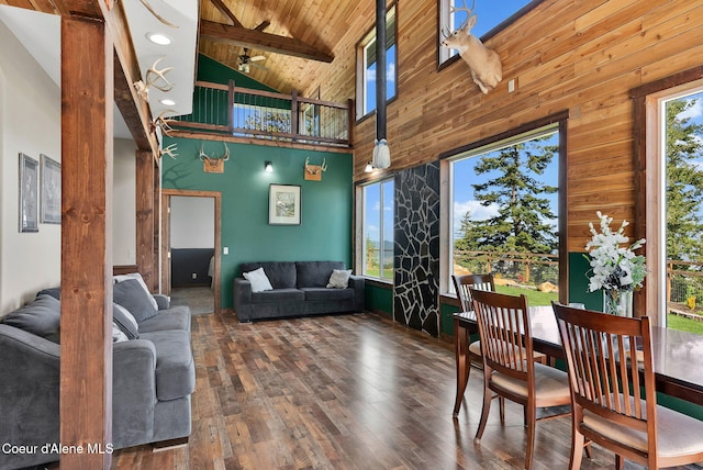12251 W Blessing Hill Rd, Post Falls, ID 83854 - living area featuring hardwood / wood-style floors, wooden ceiling, high vaulted ceiling, a ceiling fan, and beam ceiling