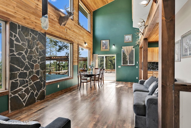 12251 W Blessing Hill Rd, Post Falls, ID 83854 - living room featuring high vaulted ceiling, plenty of natural light, wood-type flooring, and wooden ceiling