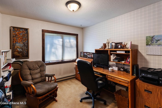 249 Gun Club Rd, Sagle, ID 83860 - office space featuring baseboard heating, wallpapered walls, a textured ceiling, and light carpet