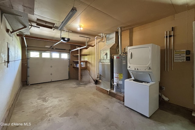 1223 W Superior, Sandpoint, ID 83864 - garage featuring stacked washer and clothes dryer, gas water heater, a garage door opener, and heating unit