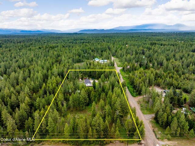30603 N Riffle Rd, Spirit Lake, ID 83869 - aerial view of property and surrounding area featuring a forest, a mountain backdrop, and property parcel outlined