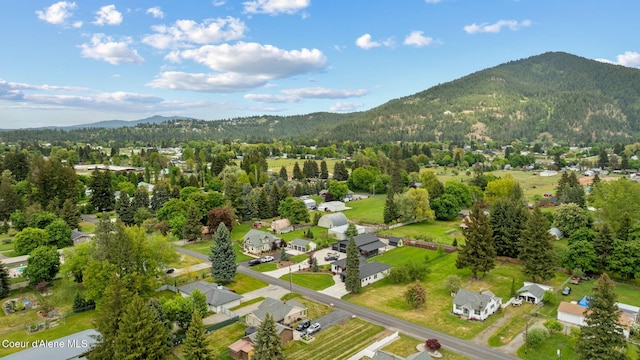 aerial view of residential area with mountains and a forest