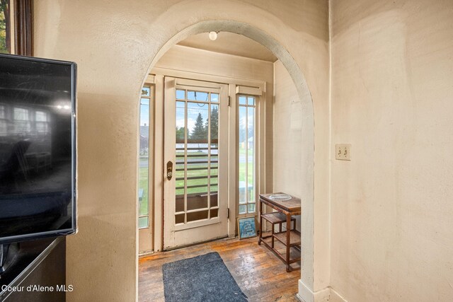 foyer entrance featuring arched walkways and wood-type flooring