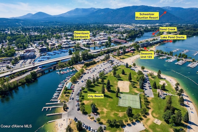 drone / aerial view of a water and mountain view and a marina